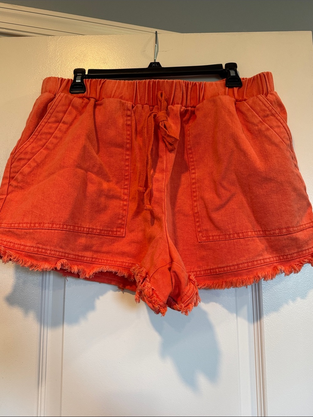 SHEIN Bright Orange Frayed Hem Drawstring Jean Shorts
